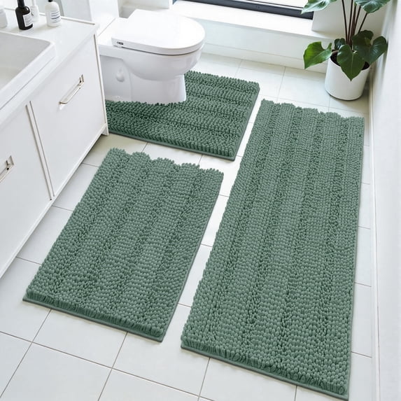 Ileading Ultra Soft Bathroom Rug Set 3 Pieces, Non Slip Thick Chenille Striped Bath Mat, Absorbent Plush Shaggy Bath Rugs for Bathroom,Sage Green