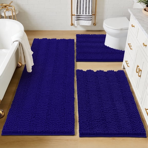 Ileading Ultra Soft Bathroom Rug Set 3 Pieces, Non Slip Thick Chenille Striped Bath Mat, Absorbent Plush Shaggy Bath Rugs for Bathroom, Blue