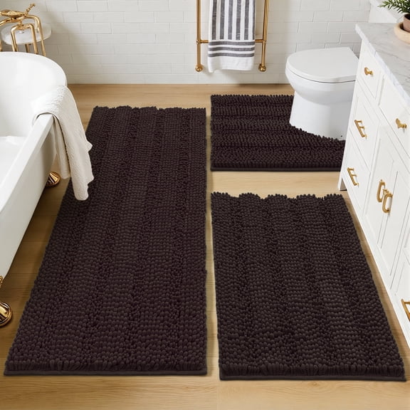 Ileading Ultra Soft Bathroom Rug Set 3 Pieces, Non Slip Thick Chenille Striped Bath Mat, Absorbent Plush Shaggy Bath Rugs for Bathroom, Brown