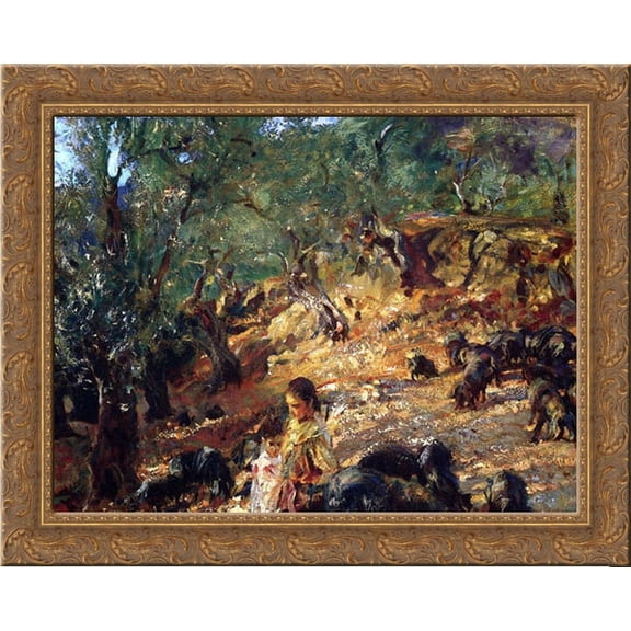 Ilex Wood at Majorca with Blue Pigs 23x20 Gold Ornate Wood Framed Canvas Art by Sargent, John Singer