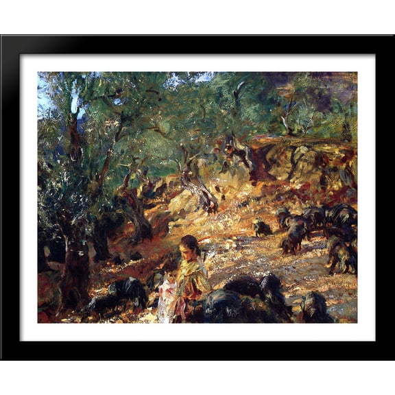 Ilex Wood at Majorca with Blue Pigs 34x28 Large Black Wood Framed Print Art by John Singer Sargent