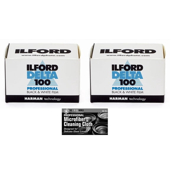 Ilford Delta 100 Professional Black and White Negative Film 35mm Roll Film, 36 Exposures - 2-Pack with Cleaning Cloth