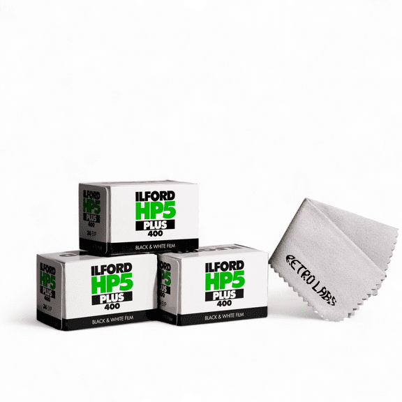 Ilford HP5 Plus 35mm Black and White Film - ISO 400, 36 Exposures - Includes Retro Labs Microfiber Cloth (3-Pack)