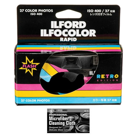 Ilford ILFOCOLOR Rapid Single-Use Color Film Camera with Flash Black - 27 Exposures with Microfiber Cloth