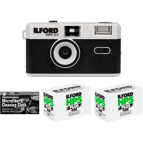 Ilford Sprite 35-II Reusable/Reloadable 35mm Analog Film Camera Black and Silver with Two Rolls of HP5 Film and Cloth