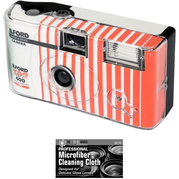 Ilford XP2 35mm B&W One-Time Single-Use Disposable Camera with Flash ISO-400 - 27 Exposures with Microfiber Cloth