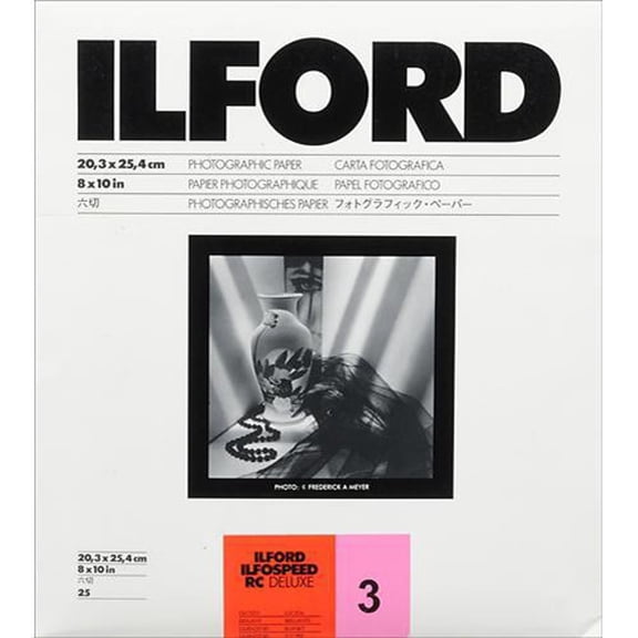 Ilford Ilfospeed RC Deluxe Resin Coated Black & White Enlarging Paper - 8x10'-25 Sheets - 1M - Glossy Surface - Grade 3 - for commercial, press, industrial, advertising, and display