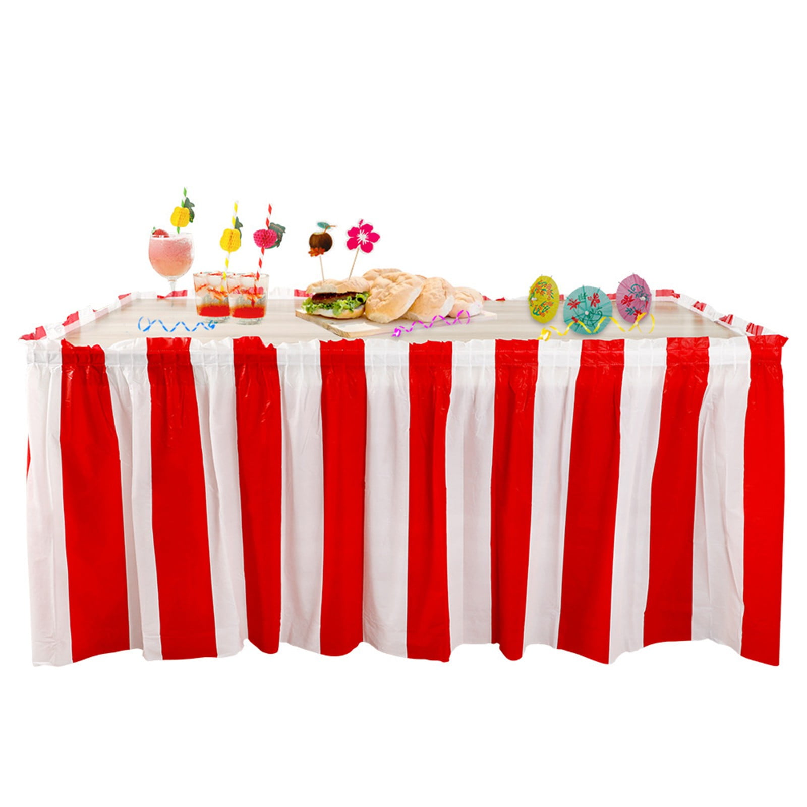 Iliya Red and White Striped Carnival Table Skirt - Waterproof Plastic Rectangular Table Cover for Parties, 14ft Long x 29in High - Circus, Wedding, Birthday Decor - 1 Pack