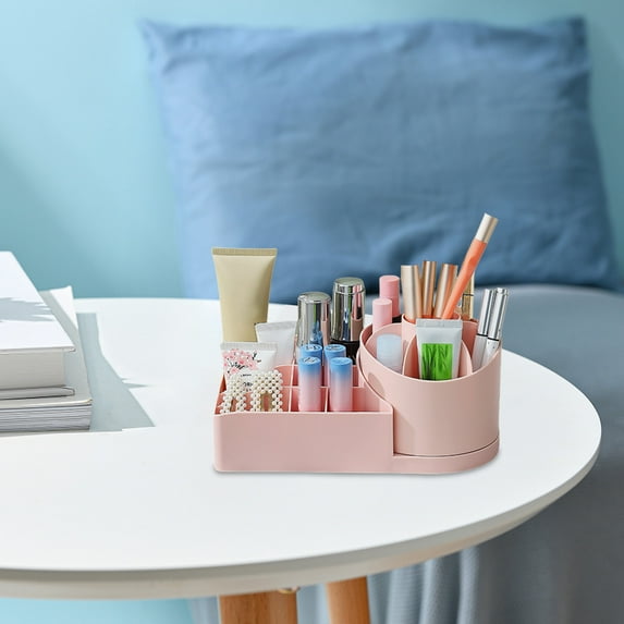 Iliya Rotating Makeup Organizer, Compact Cosmetic Storage Tray, Makeup Brush and Lip Gloss Holder, Bathroom Vanity Organizer, Space Saving for Home and Office, 1PC, Pink/White, 23.4x11.7x11.7cm