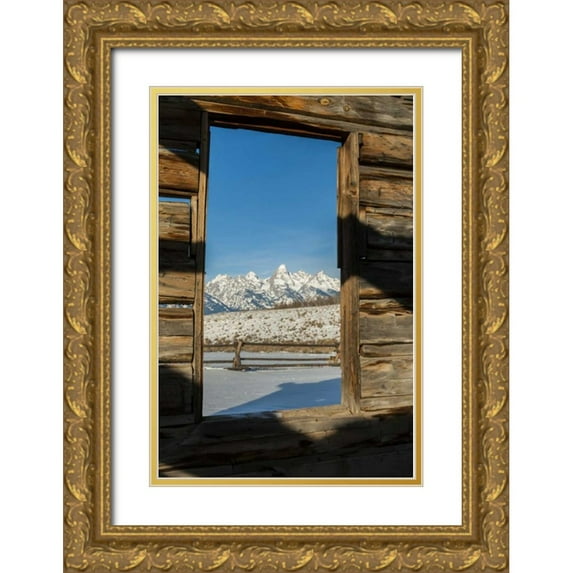 Illg, Cathy and Gordon 11x14 Gold Ornate Wood Framed with Double Matting Museum Art Print Titled - WY, Grand Tetons Mountains through cabin doorway