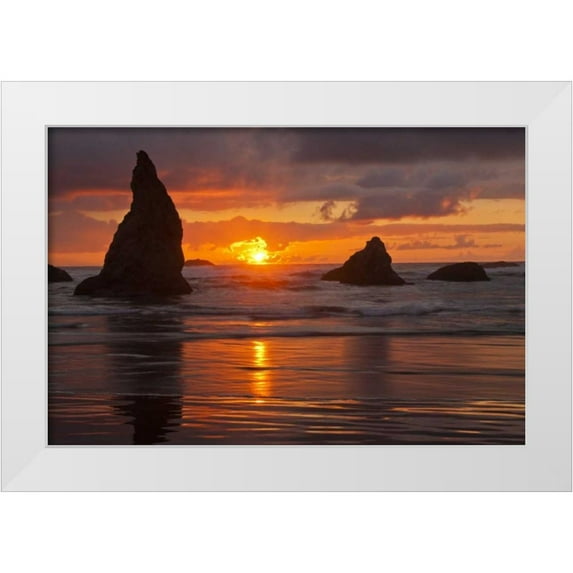 Illg, Cathy and Gordon 14x11 White Modern Wood Framed Museum Art Print Titled - USA, Oregon, Bandon Beach Sunset and sea stacks