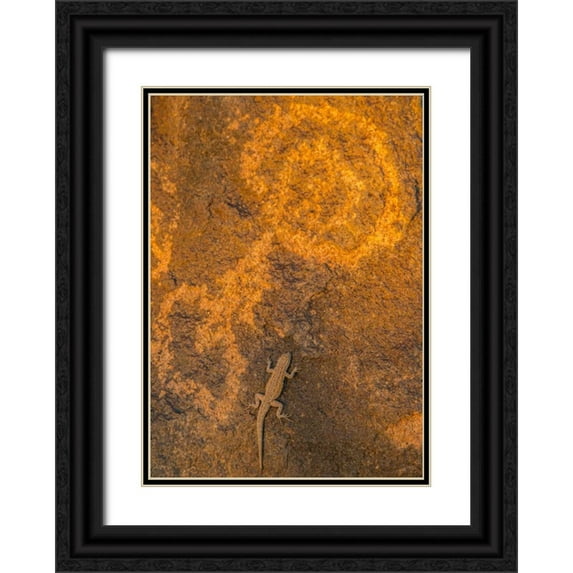 Illg, Cathy and Gordon 14x18 Black Ornate Wood Framed with Double Matting Museum Art Print Titled - AZ, Painted Rock Petroglyph Site and lizard