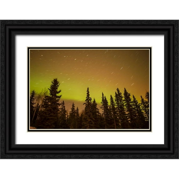 Illg, Cathy and Gordon 18x13 Black Ornate Wood Framed with Double Matting Museum Art Print Titled - AK, Fairbanks Aurora borealis and star trails
