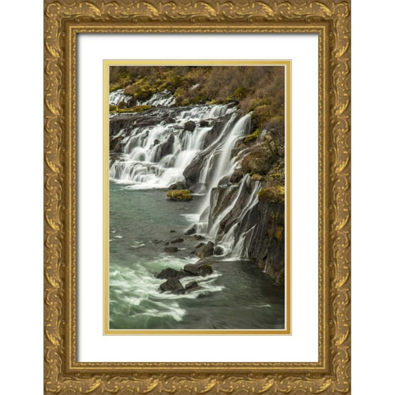 Illg, Cathy and Gordon 23x32 Gold Ornate Wood Framed with Double Matting Museum Art Print Titled - Iceland, Hraunfossar Waterfall over rocks