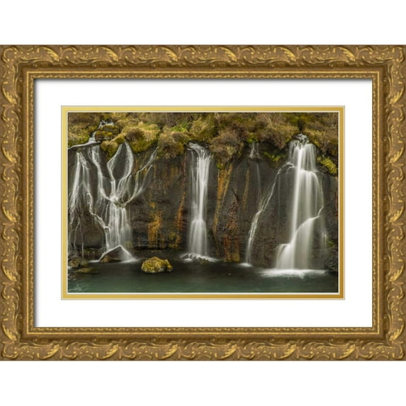 Illg, Cathy and Gordon 24x17 Gold Ornate Wood Framed with Double Matting Museum Art Print Titled - Iceland, Hraunfossar Waterfalls flows over rocks