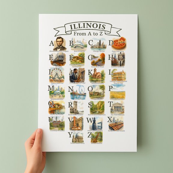 Illinois Alphabet State Symbols Educational Wall Art Decor Unframed Paper Print
