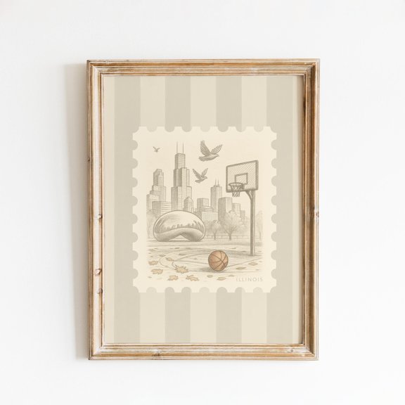 Illinois Basketball Poster – Beige Chicago City Wall Art Home Decor Office Wall Art