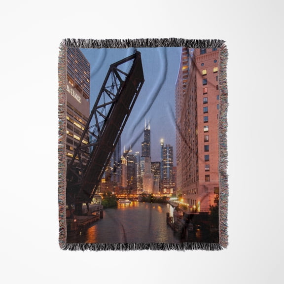 Illinois,, Chicago River And Skyline At Dusk With Boat, Woven Blanket