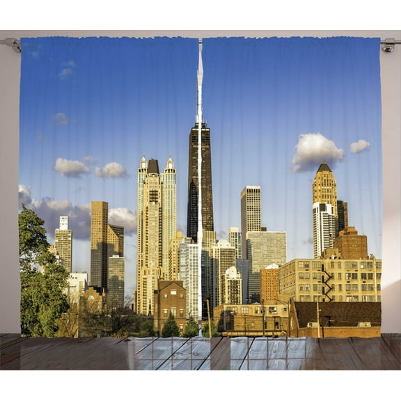 Illinois Curtains 2 Panels Set, Downtown Chicago Architecture View in Cloudy Sky Metropolitan Town Country, Window Drapes for Living Room Bedroom, 108"W X 90"L,Violet Blue Cream, by Ambesonne