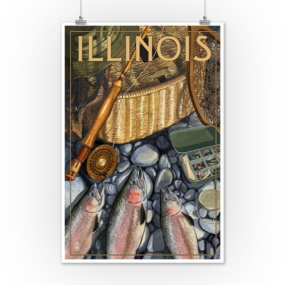 Illinois - Fishing Still Life - Lantern Press Artwork (12x18 Art Print, Wall Decor Travel Poster)