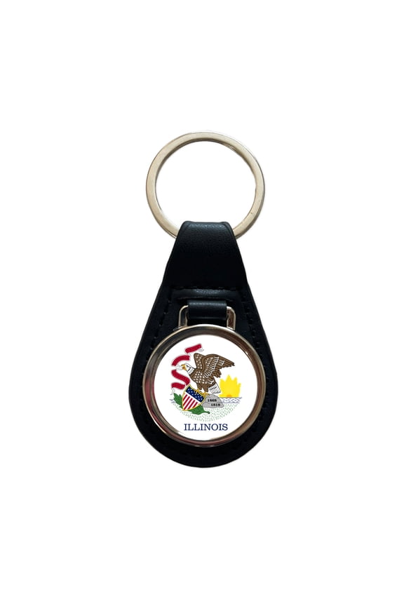 Illinois IL State Flag Metal Black Leather Keychain