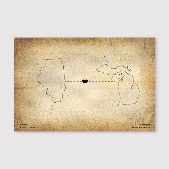Illinois Michigan State Connection Map Canvas Wall Art 8x12 inch -Illinois Michigan State Connection Map Vintage Canvas Wall Artwork for Neutral Bedroom and Office Decor