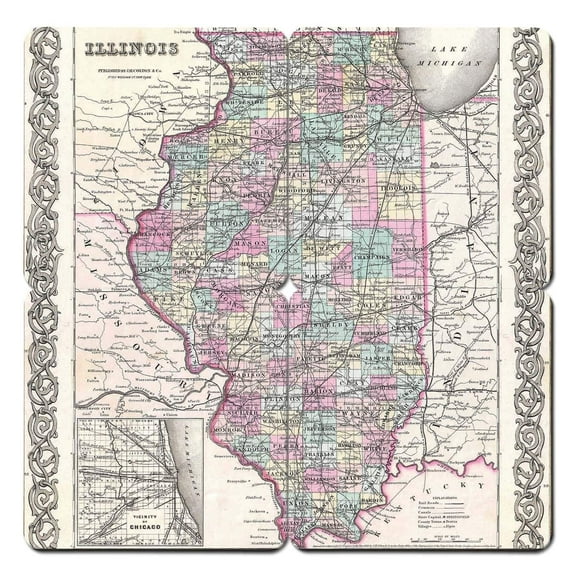 Torched Illinois Old World Map Coaster (Set of 4) Drink Beer Coaster 4"x4" Multicolor
