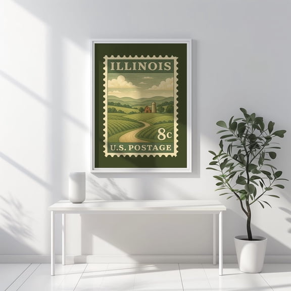 Illinois Postage Stamp Art Poster Vintage Midwest Farm Landscape Rustic Country State Stamp Poster, Unframed Poster Size 8x12