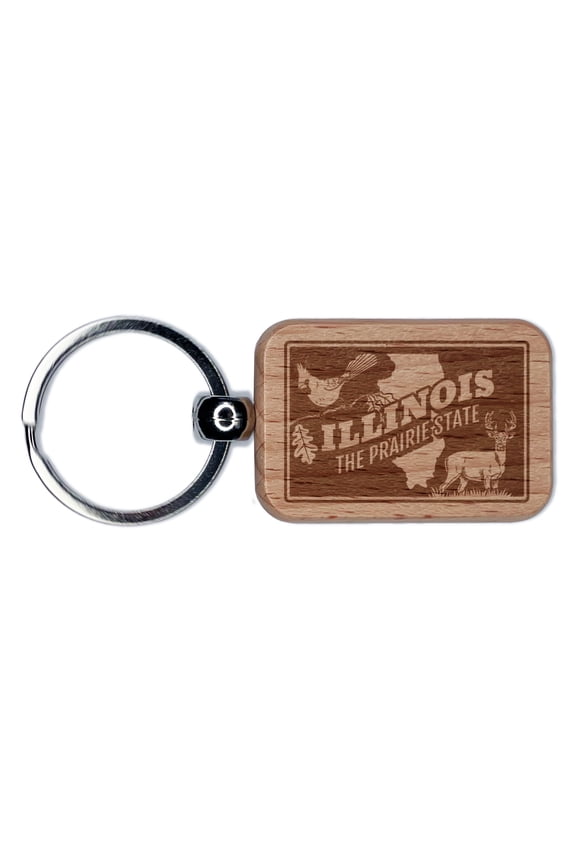 Illinois Prairie Cardinal White-tailed Deer Oak United States Rectangle Keychain Charm Tag - Engraved Wood