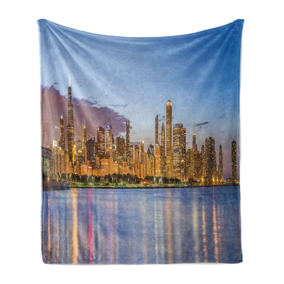 Illinois Soft Flannel Fleece Blanket, Picturesque Chicago City from Lake Michigan Reflections USA Night American, Cozy Plush for Indoor and Outdoor Use, 50" x 70", Ceil Blue Apricot, by Ambesonne