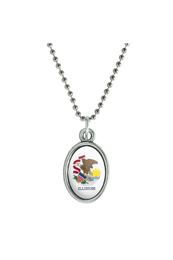 Illinois State Flag Antiqued Oval Charm Pendant with Chain