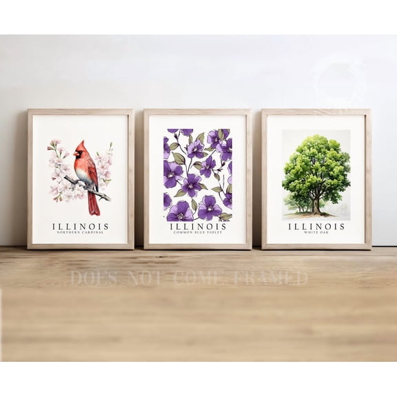 Illinois State Symbols Poster Prints, Northern Cardinal, White Oak, And Violet Wall Art DecPrints, Set 3, Poster Only
