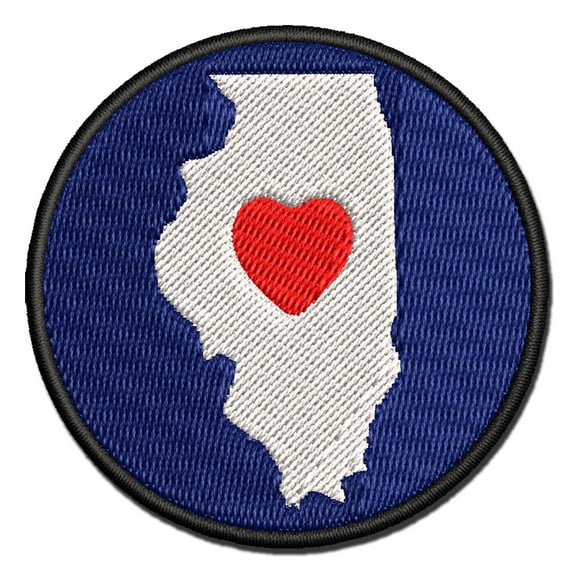 Illinois State with Heart Applique Multi-Color Embroidered Iron-On Patch - 3 Inch Medium