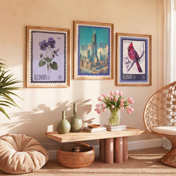 Illinois Travel Vintage Prairie State Art Willis Tower Cardinal Set 3 Unframed Paper Print 8x12