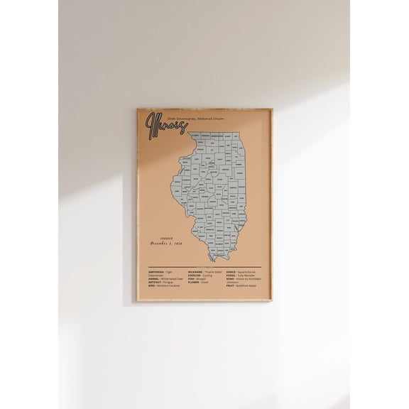 Illinois Vintage Map Poster: Us State Art, Social Studies Decor, Unframed Poster Size 8x12