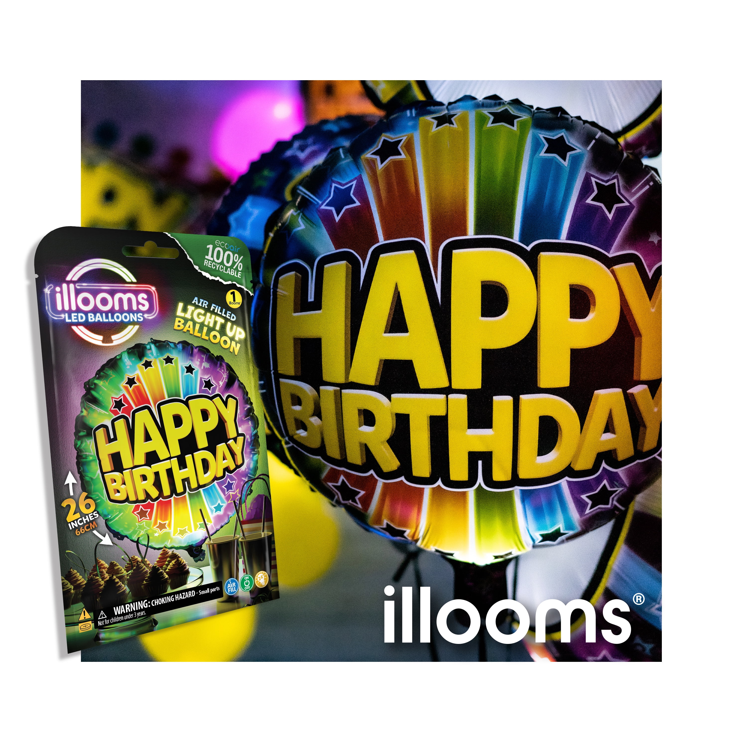 Illooms Ecoair 26" Happy Birthday Light up Balloon. Multi Color Balloon - Perfect for Any Party!