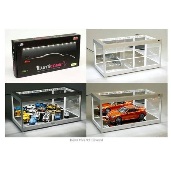 White Collectible Display Show Case Illumicase+ with LED Lights and Mirror Base and Back for 1/64 1/43 1/32 1/24 1/18 Scale Models by Illumibox