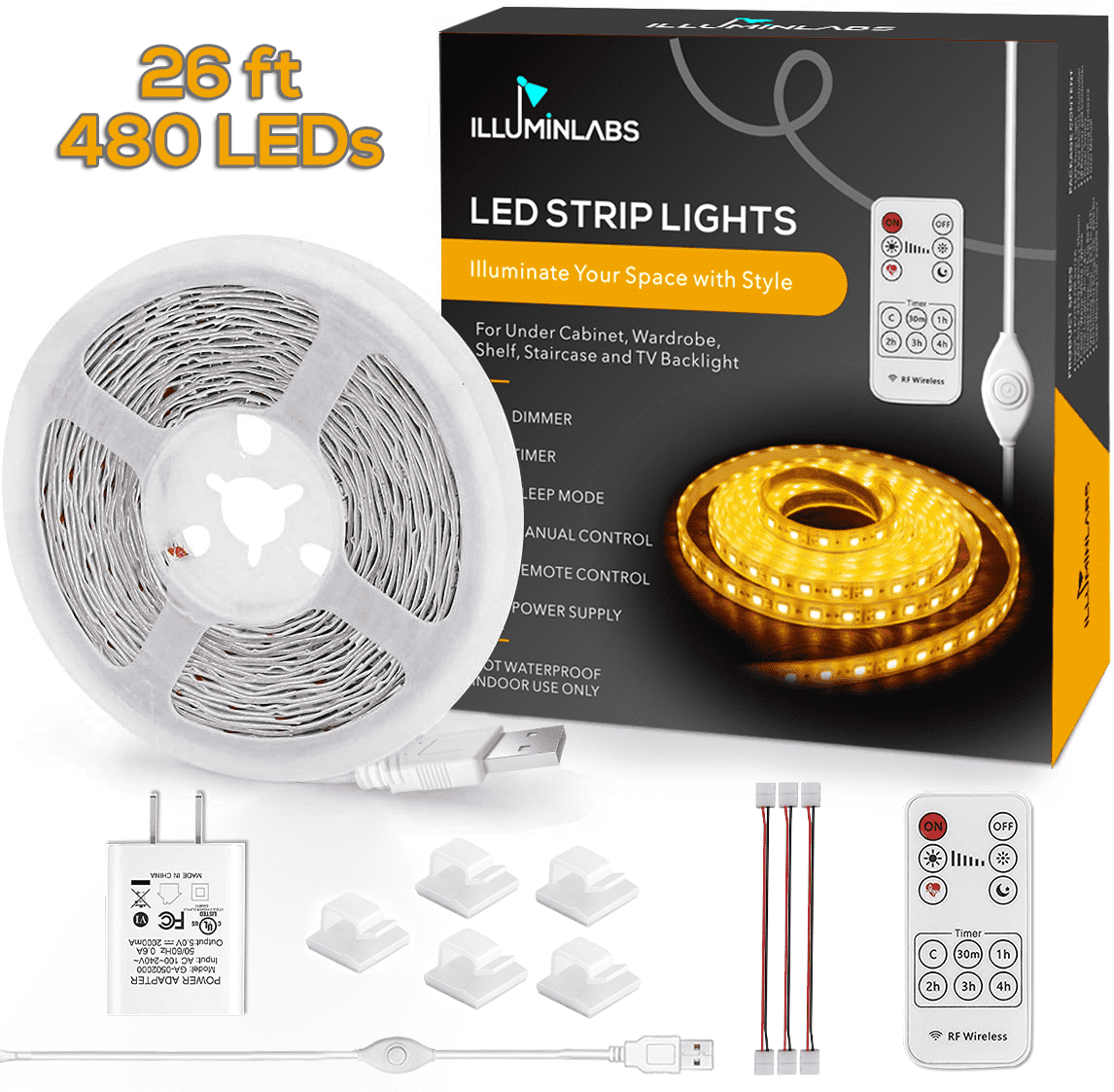 Under Cabinet Lights, LED Strip Lights with Remote Control, Dimmable for Closet, Shelf, TV Back, Under Counter Lights For Kitchen, 26.3ft, Warm White