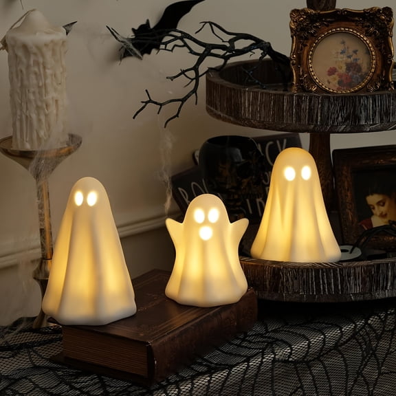 Illuminate Your Space with Halloween Ghost Decorations, Set of Three Ceramic Ghost Figurines. Charming White Ghost Statues, Perfect Spooky Decor for Table, Tiered Tray, or Fireplace