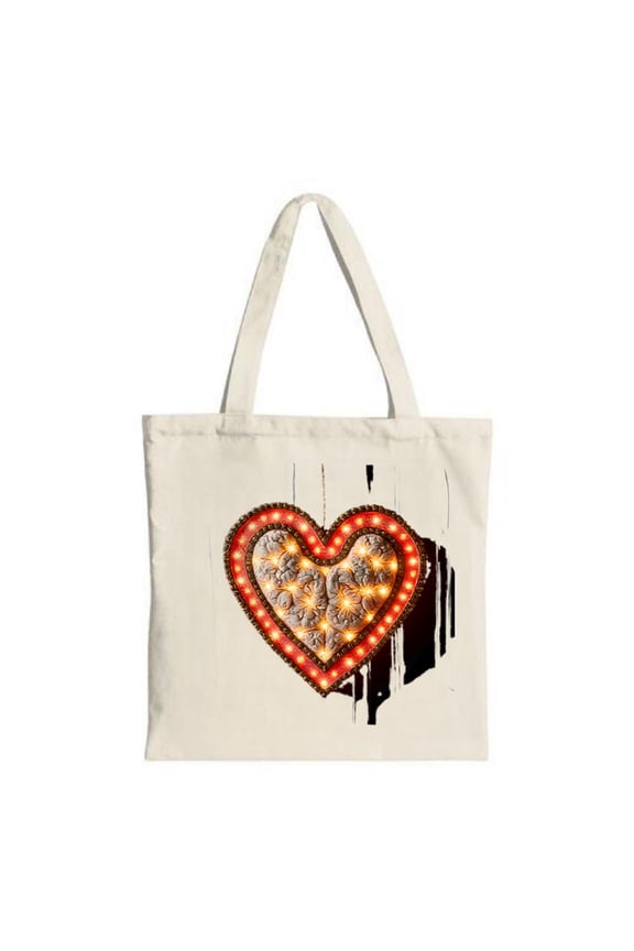 Illuminate your style with this canvas tote bag featuring a vibrant heart design outlined in red lights perfect for shopping and travel