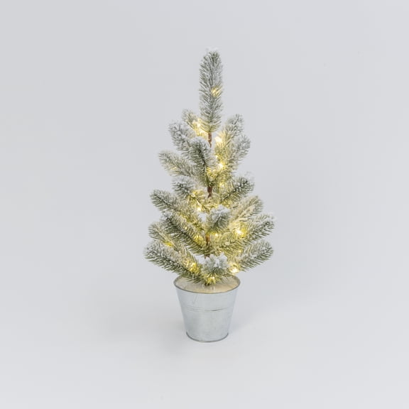 Illuminated 26 in H Battery Operated Lighted Flocked Pine Tree in Metal Bucket