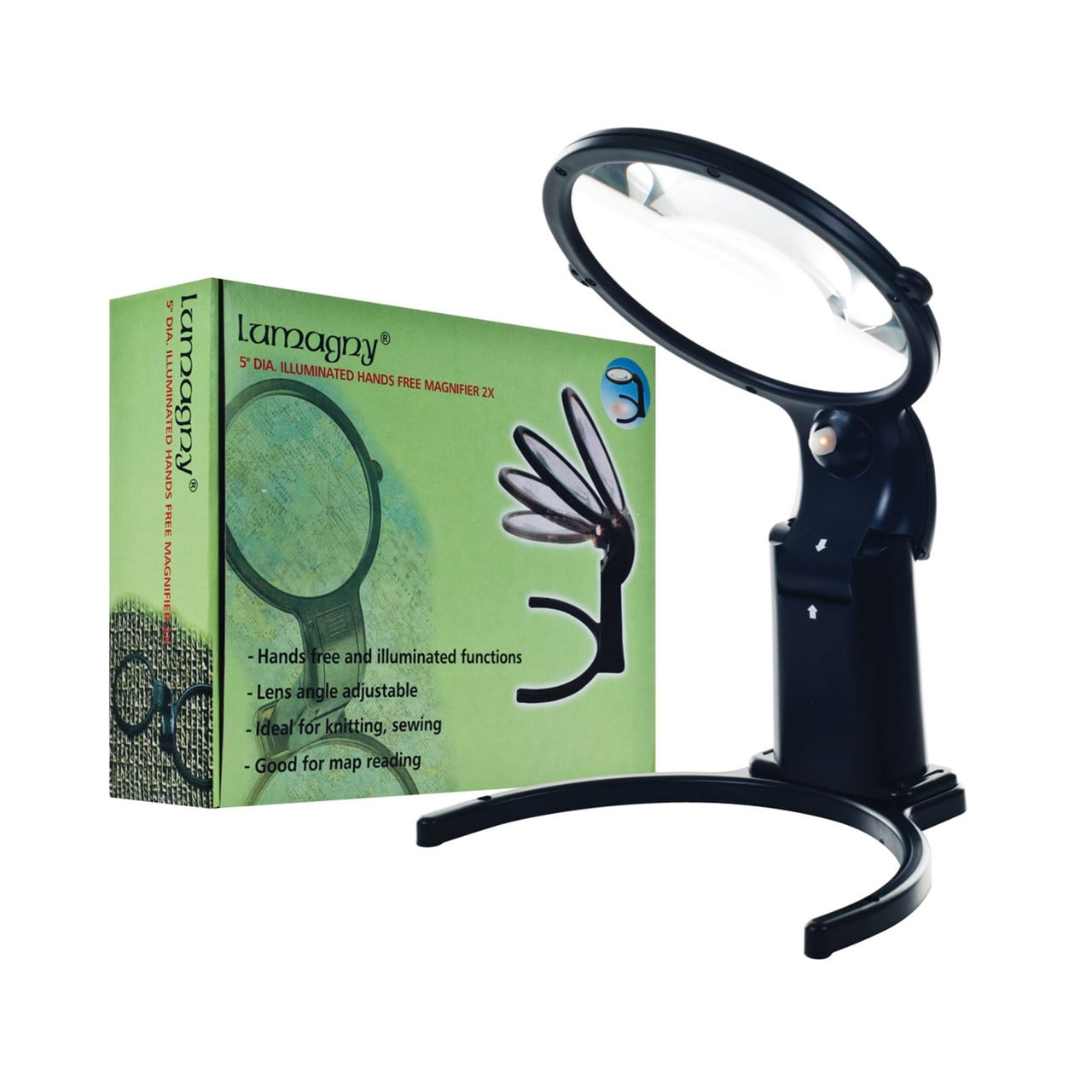 MaxiAids Illuminated 5-in Diameter Hands Free 2x Magnifier