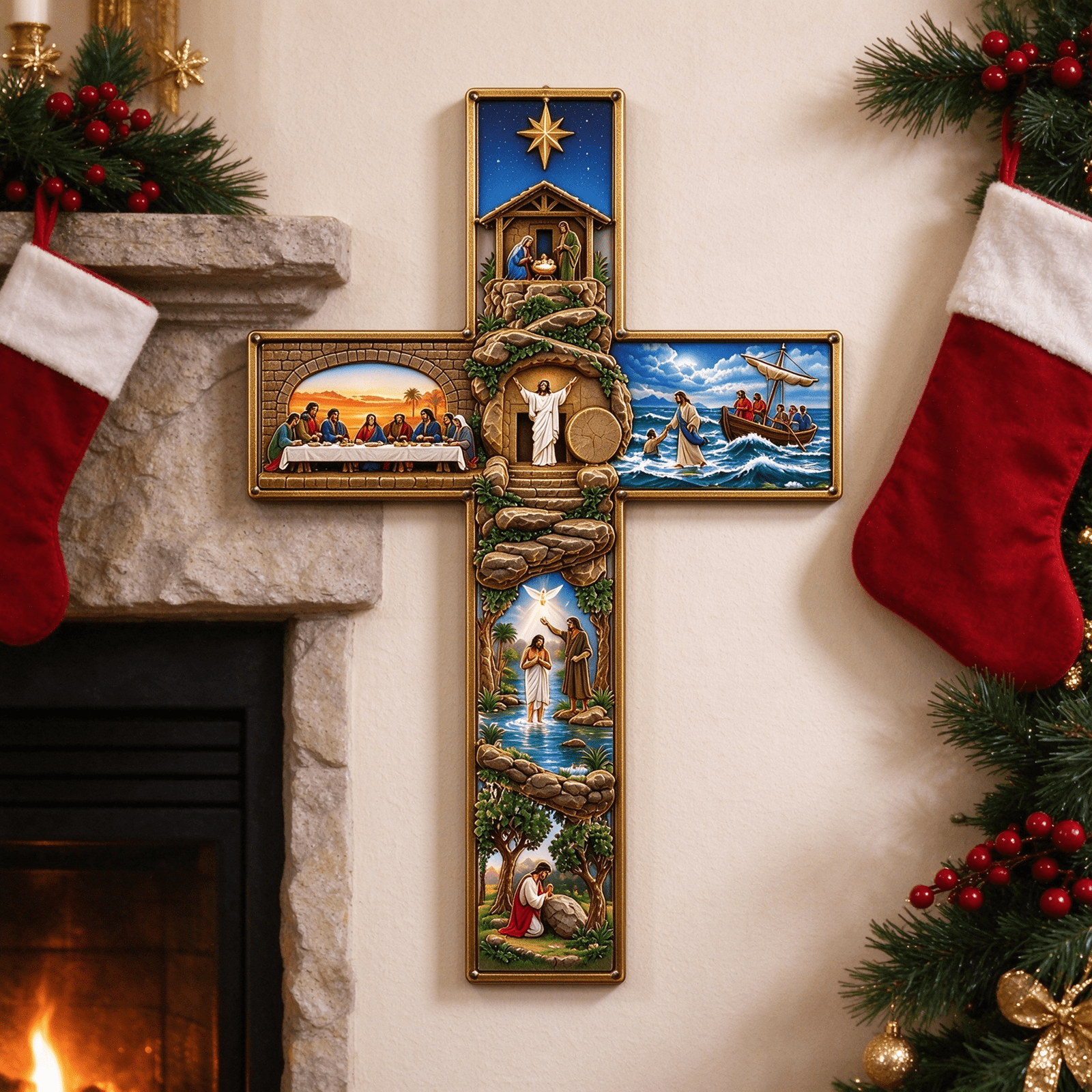 Illuminated Acrylic Cross with 6 Scenes of Jesus, Lighted Stained Glass ...