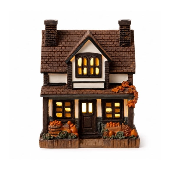 Illuminated Autumn Harvest Cottage, Vintage Lighted Pumpkin Resin Decor with Warm LED for Tabletop, Fireplace, Halloween(A)