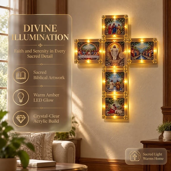 Illuminated Biblical Cross Wall Light, LED Neon Crucifix Wall Decor with Laser Engraved Design, USB Powered for Home Church