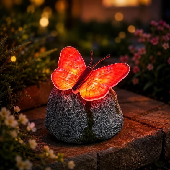 Illuminated Butterfly Stone Garden Light - Solar Butterfly Garden Decor with LED Glow, Waterproof Resin Faux Stone Outdoor Figurine for Patio Yard Walkway Lawn Flower Bed Landscaping (A)
