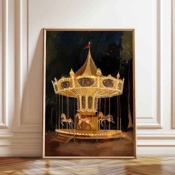 Illuminated Carousel Vintage Carnival Wall Art Print, Unframed Paper Poster 8x10in