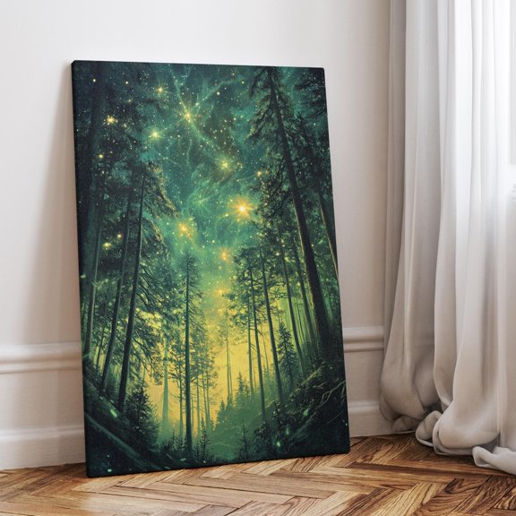 Illuminated Celestial Forest Wall Art, Surreal Night Glow Decor, Unframed Paper Print Size 8x12