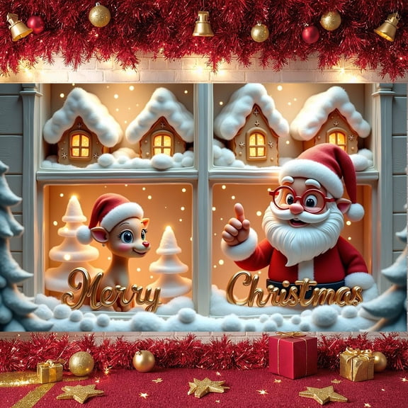 Illuminated Christmas Banner Gingerbread House Santa Backdrop Snowy Scene Gold Lettering Holiday Background for Christmas Party Home Decoration Indoor Window Display