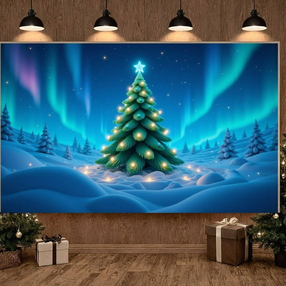 Illuminated Christmas Banner Northern Lights Xmas Display Snowy Green Holiday Backdrop for Christmas Party Winter Holiday Indoor Decoration
